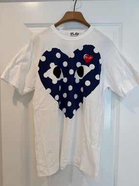 Comme des Garçons PLAY White Tee with Navy Polka Dot Heart and Red Logo